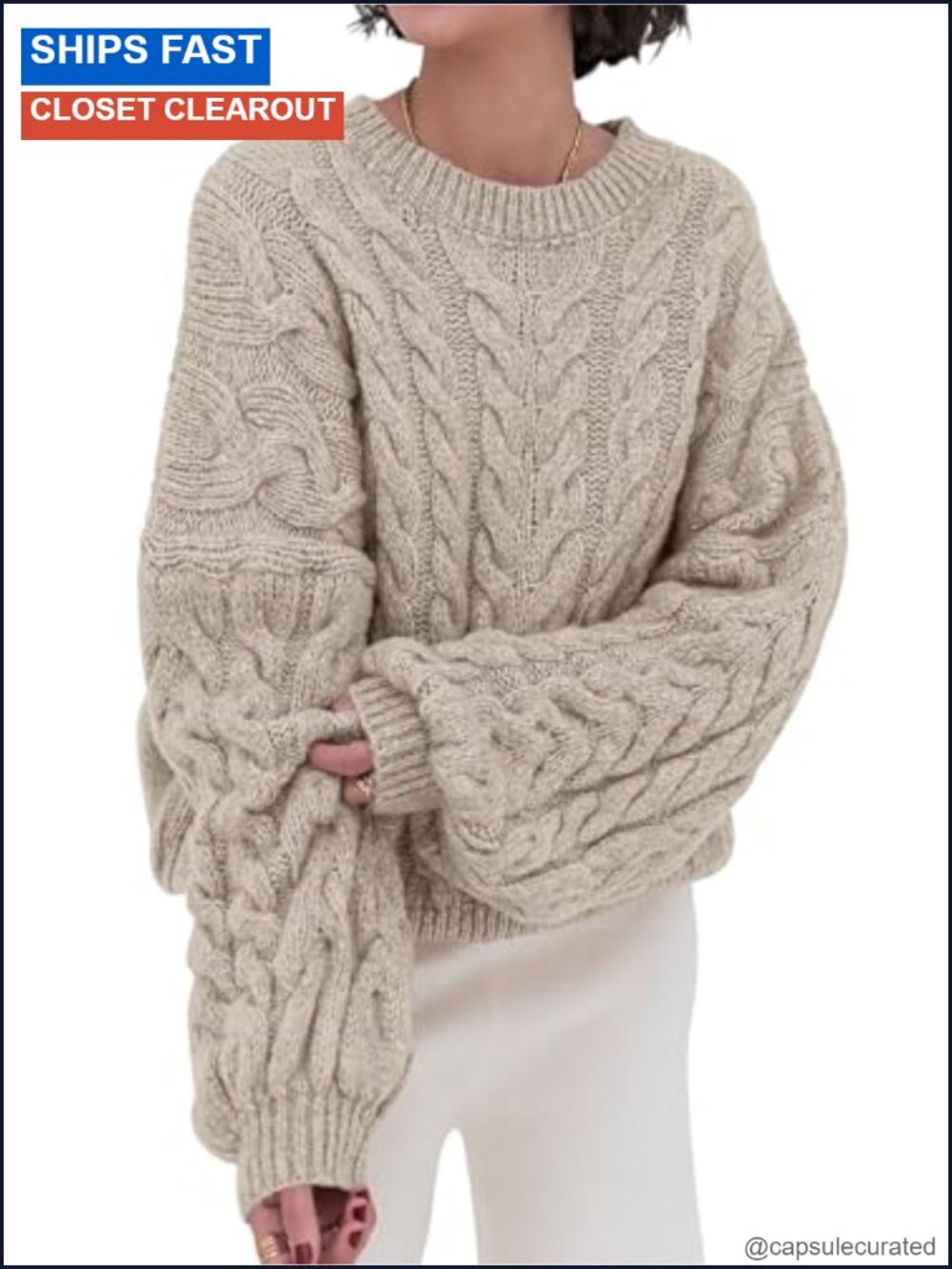 Oversized Cable Knit Sweater Womens Long Sleeve Crewneck Chunky Pullover